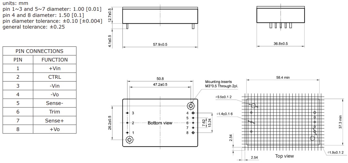 Mechanical Drawing - CUI Inc PRQ150B DC-DC Converters